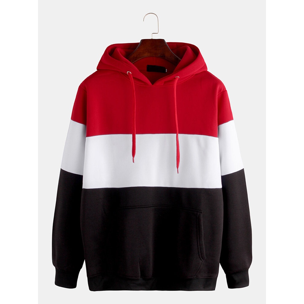 Mens Fashion Patchwork Long Sleeve Hooded Casual Sweatshirt - S Red