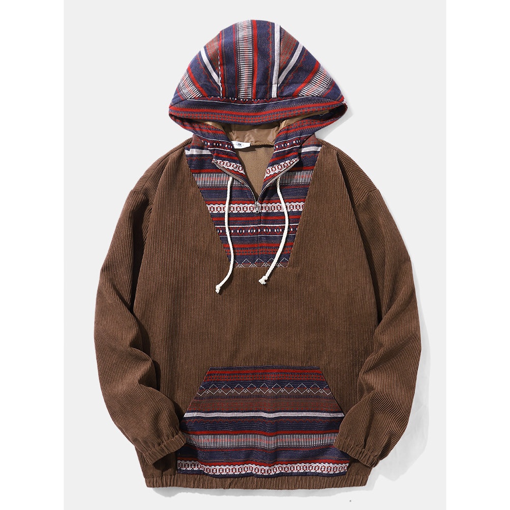 Men Corduroy Splicing Pathes Kangaroo Pocket Half zip Ethnic Style Hooded Sweatshirt - Coffee S