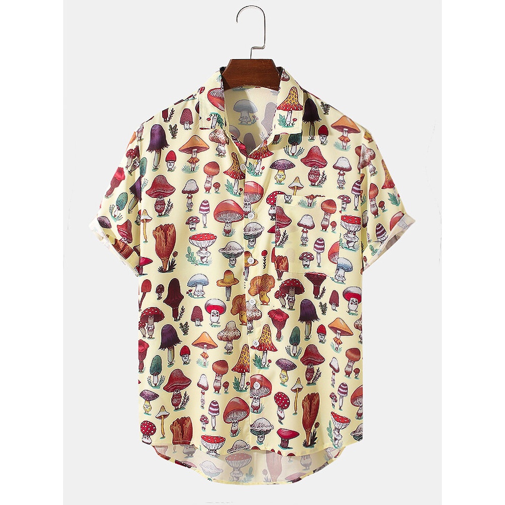 Mens Multiple Cartoon Mushroom Print Holiday Short Sleeve Shirts - Yellow 2XL
