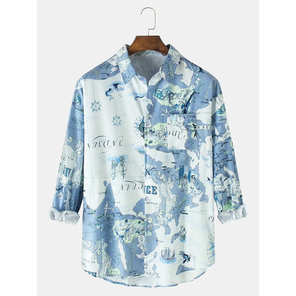 Mens World Map Print Animal Pattern Cotton Long Sleeve Design Shirts - Blue M