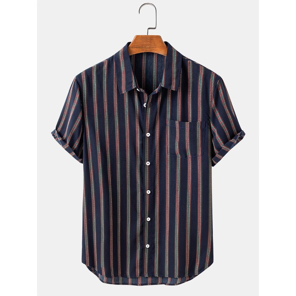 Mens Print Vertical Stripes Lapel Collar Casual Short Sleeve Shirts With Pocket - Navy S