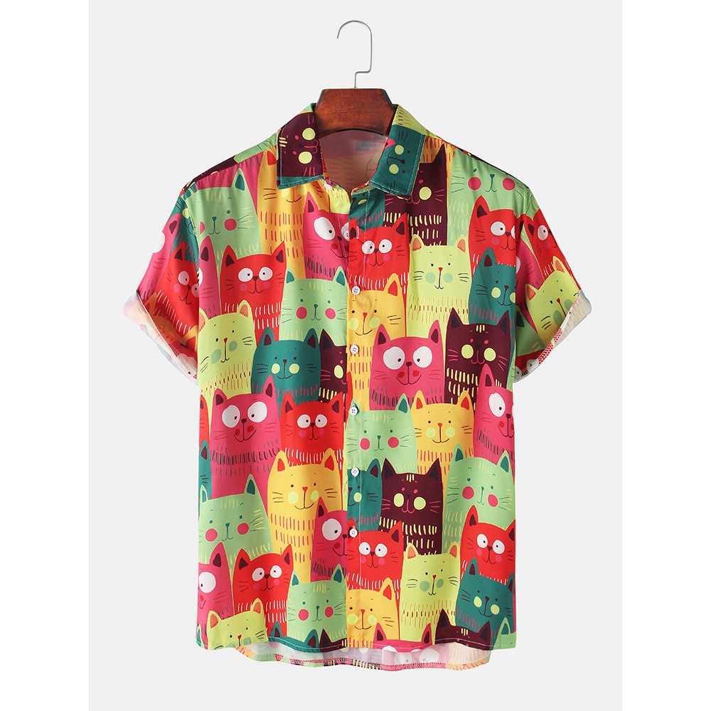 Mens Cartoon Cat Print Turn Down Collar Short Sleeve Shirts - Grey M