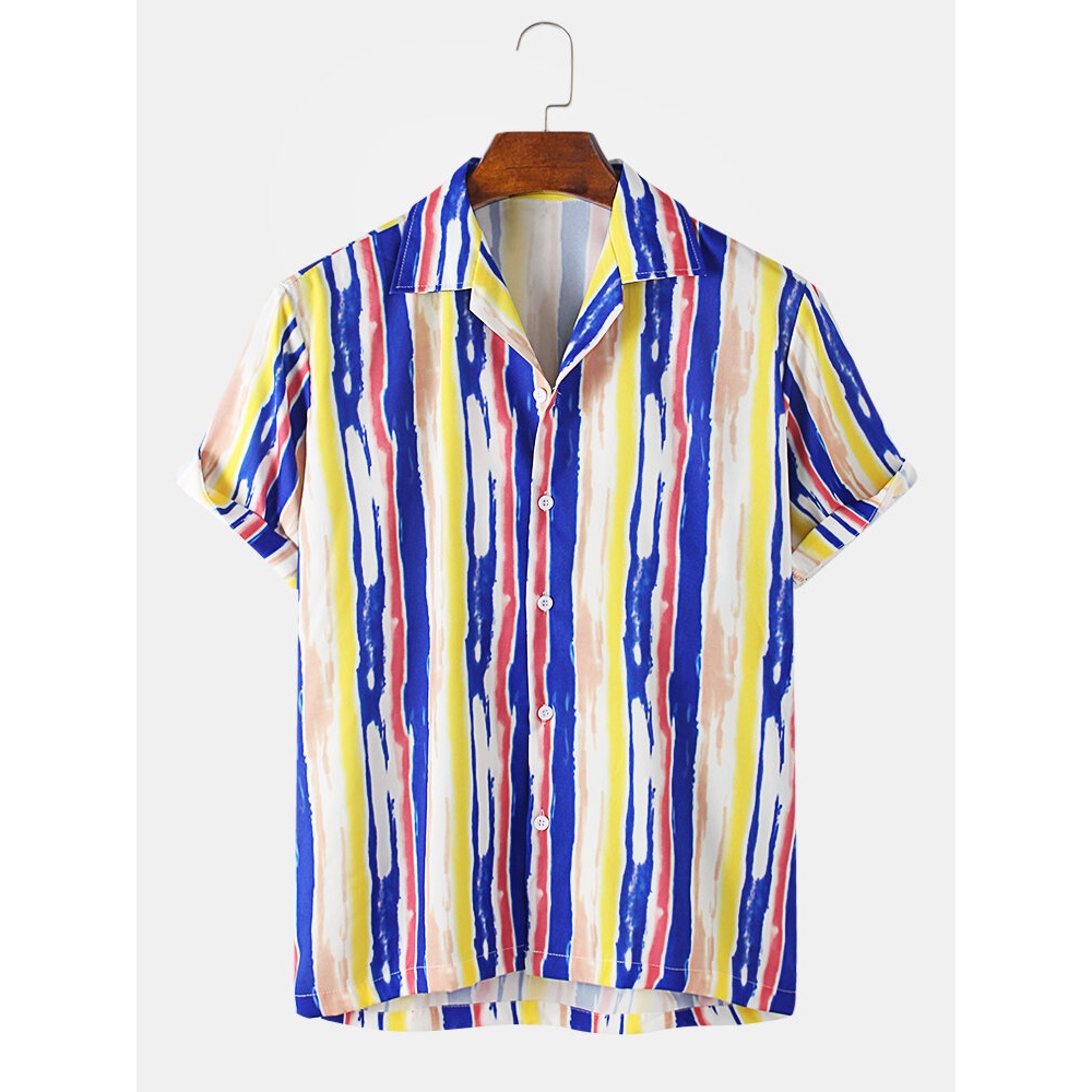 Mens Watercolor Stripes Casual Short Sleeve Breathable Shirts - Yellow XL