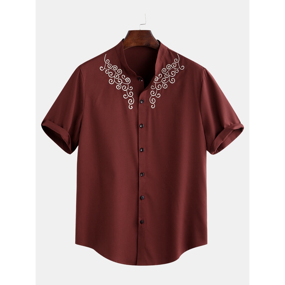 Men Ethnic Pattern Embroidery Collar Semi Formal Shirts - M Coffee