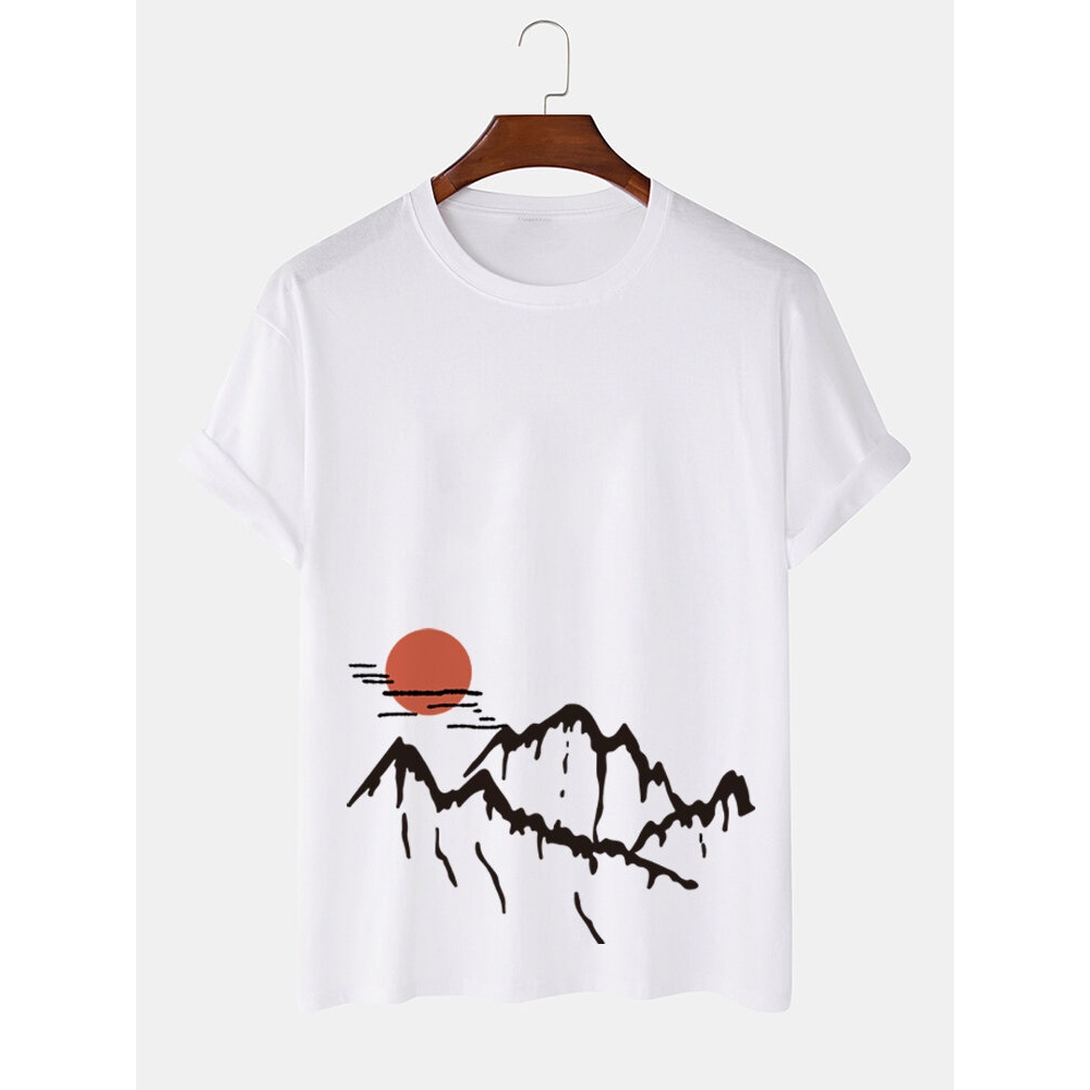 Mens Ukiyoe Landscape Print Cotton Short Sleeve T-Shirts - Black S