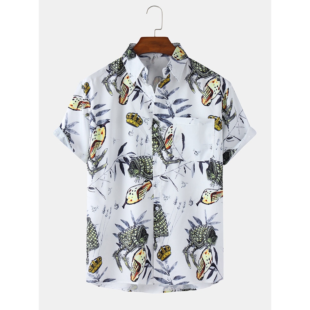 Mens Insect Print Short Sleeve Lapel Collar Casual Shirts - White S