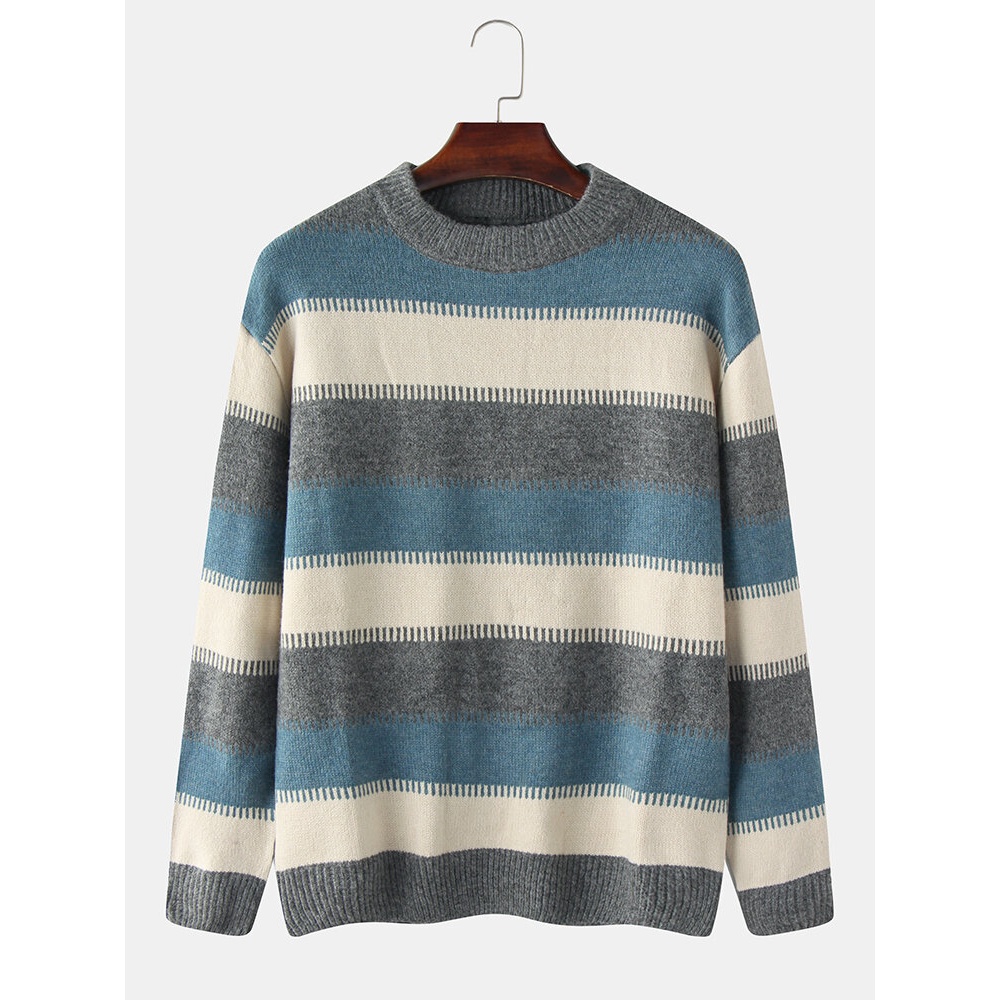 Mens Design Striped Round Neclk Long Sleeve Pullover Sweaters - S Grey