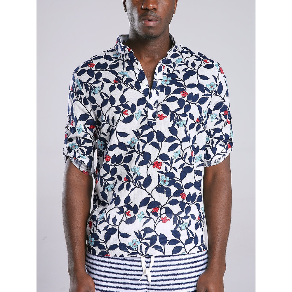 Men Floral Printed Half Sleeve Half Open Hawaiian Shirts - L Blue