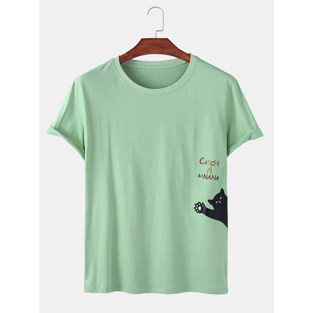 Mens Cartoon Cat Print Solid Color Summer Loose Breathable T-Shirts - White M