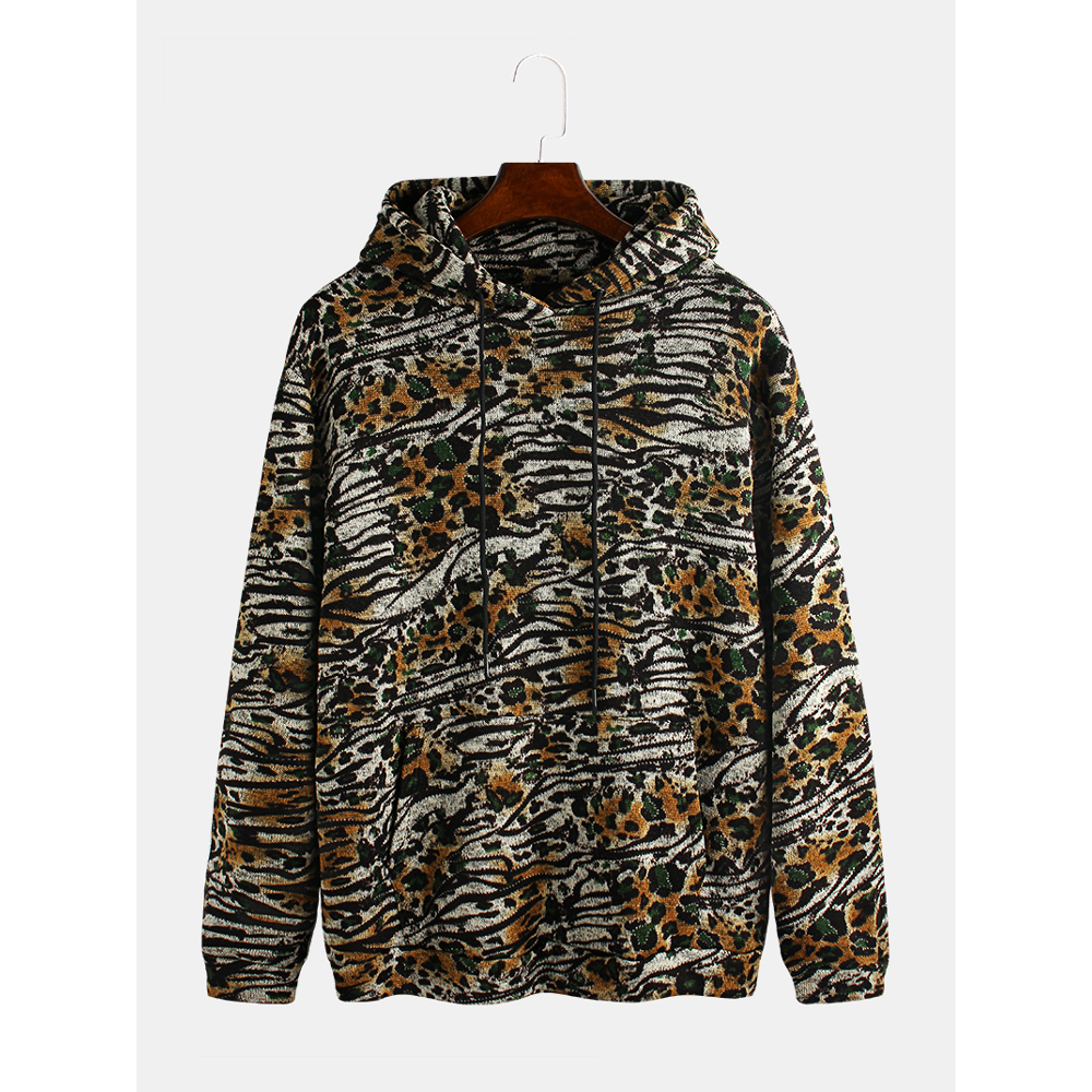 Men Leopard Print Knitting Kangaroo Pocket Hooded Sweatshirt - M Dark Gray
