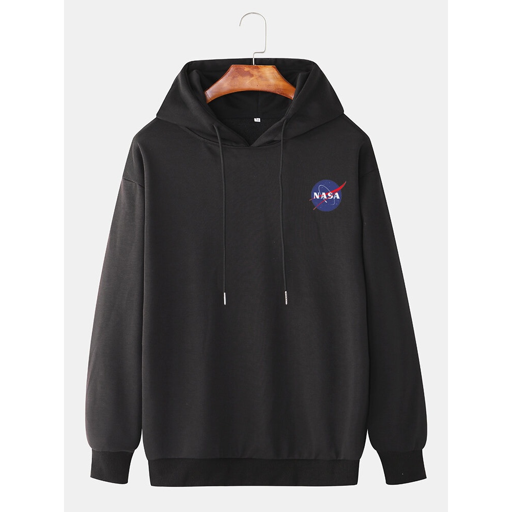 Mens Letter Graphic Chest Printed Cotton Drop Shoulder Drawstring Hoodies - Black S