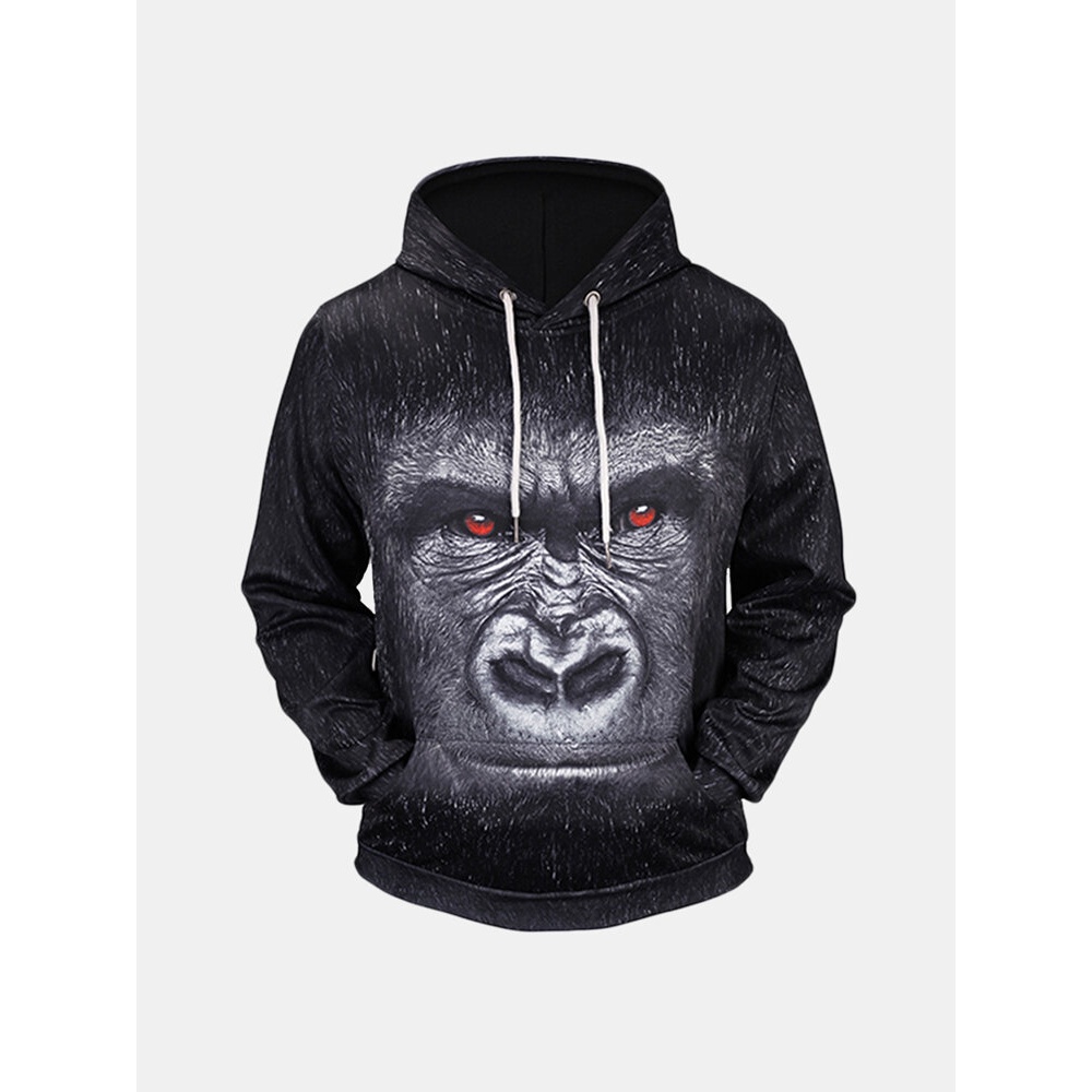 Men's Fall Winter 3D Animals Printing Hoodies Casual Fashion Polyester Sport Sweatshirt - S White
