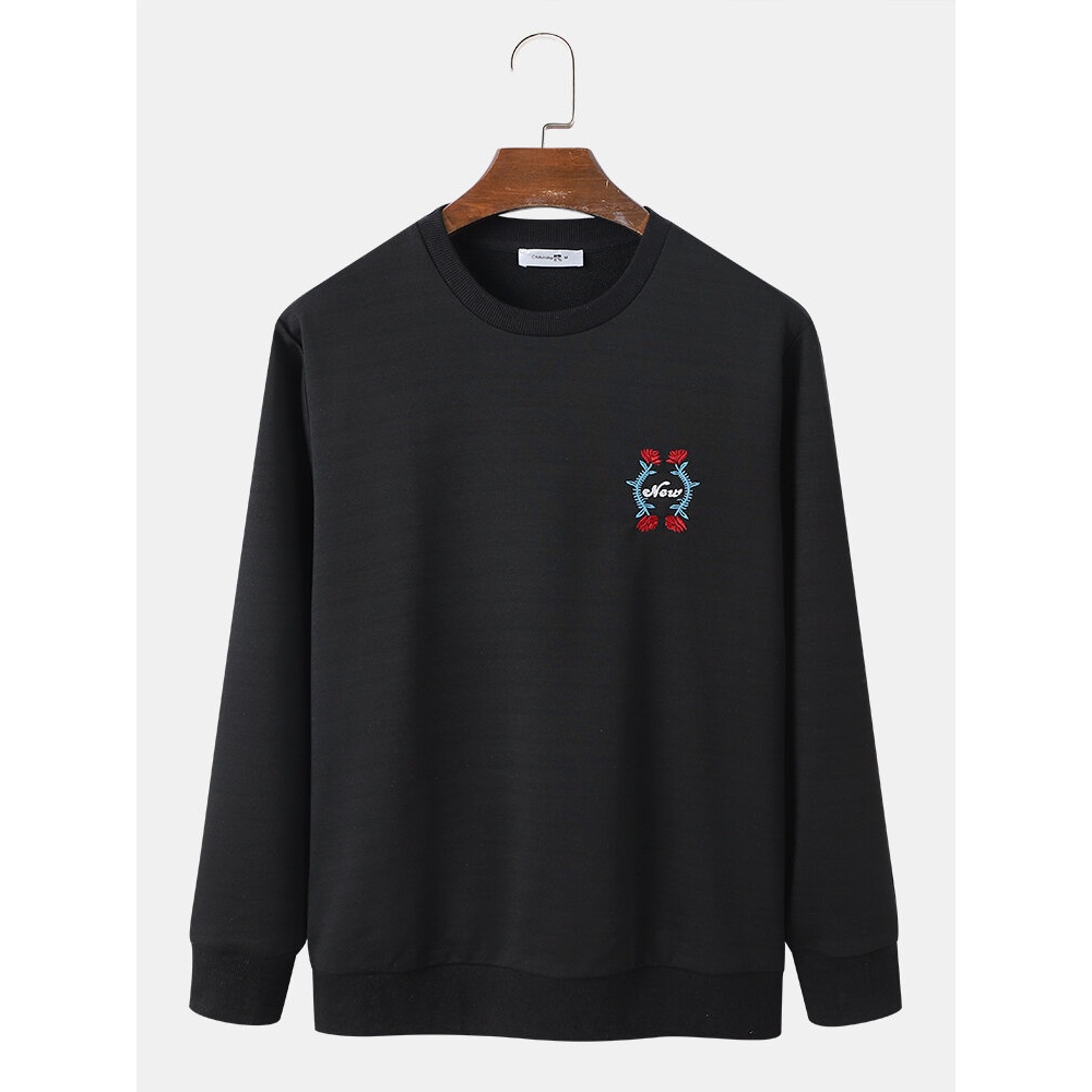 Men Flower Embroidered Crew Neck Long Sleeve Pullover Sweatshirt - Black S