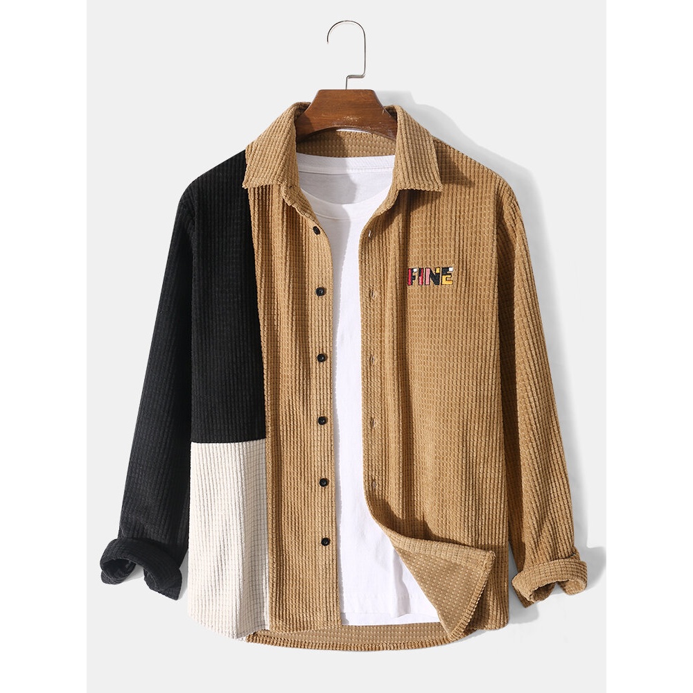 Men Corduroy Color Block Texture Pattern Long Sleeve Casual Shirts - Khaki S