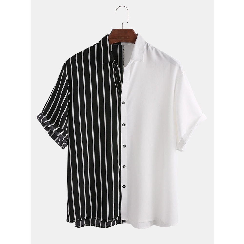 Mens Black and Stripes Patchwork Design Splicing Fashion Shirts - Black XL