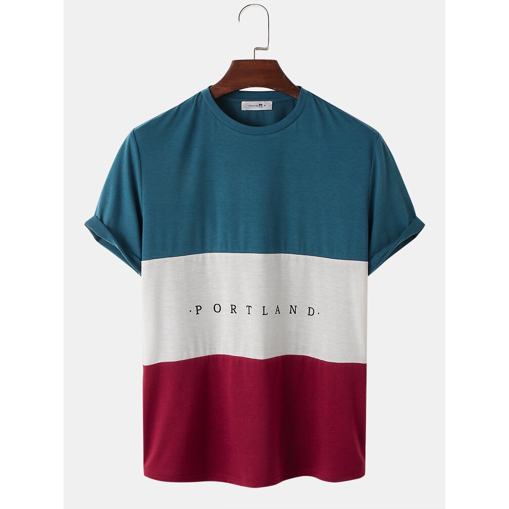 Mens Letter Print Colorblock Stitching Short Sleeve Preppy T-Shirts - Green S