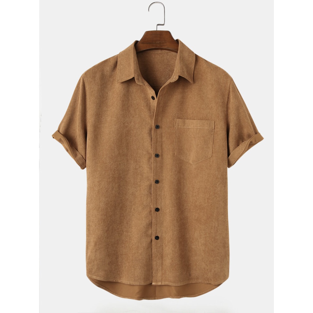 Mens Basic Solid Corduroy Chest Pocket Lapel High Low Hem Short Sleeve Shirts - Brown S
