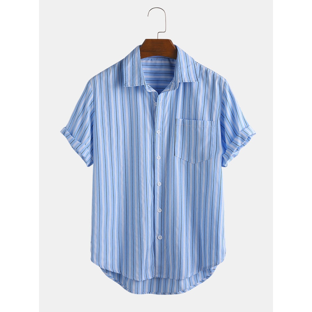 Mens Casual Stripe Printed Turn Down Collar Short Sleeve Loose Shirts - Blue 3XL