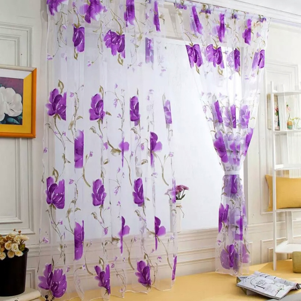 Sheer Vines Leaves Flower Model Tulle Door Window Curtain Drape Panel Scarf Valances purple_100X200CM