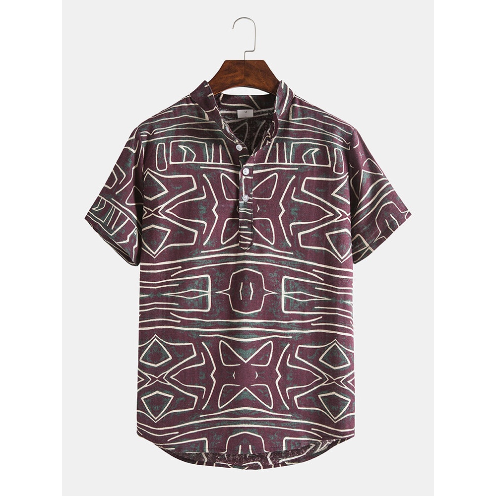 Cotton Mens Design Abstract Geometric Lines Vintage Short Sleeve Stand Collar Shirts - Colorful L