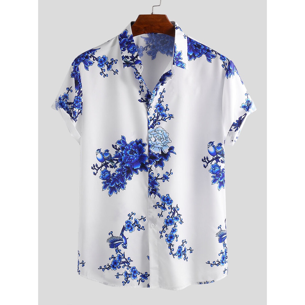 Mens Chinese Style Porcelain Floral Printed Short Sleeve Turn Down Collar Casual Shirts - XL Black
