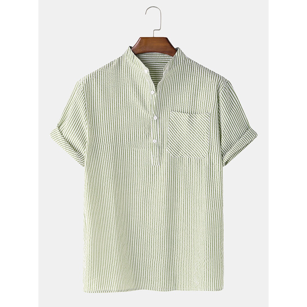 Men Cotton Bubble Pit Striped Chest Pocket Stand Collar Casual Henley Shirts - Black L