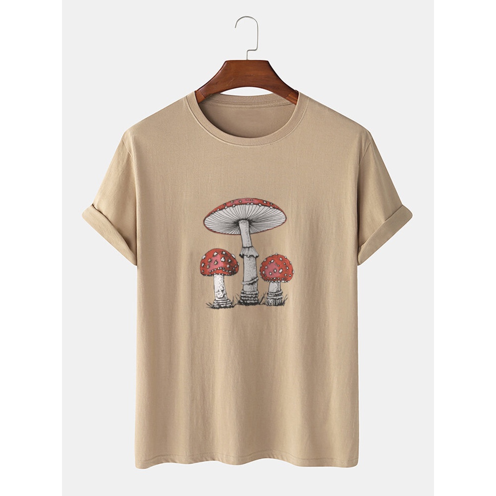 Mens 100% Cotton Cartoon Mushroom Print Short Sleeve T-Shirts - Khaki M