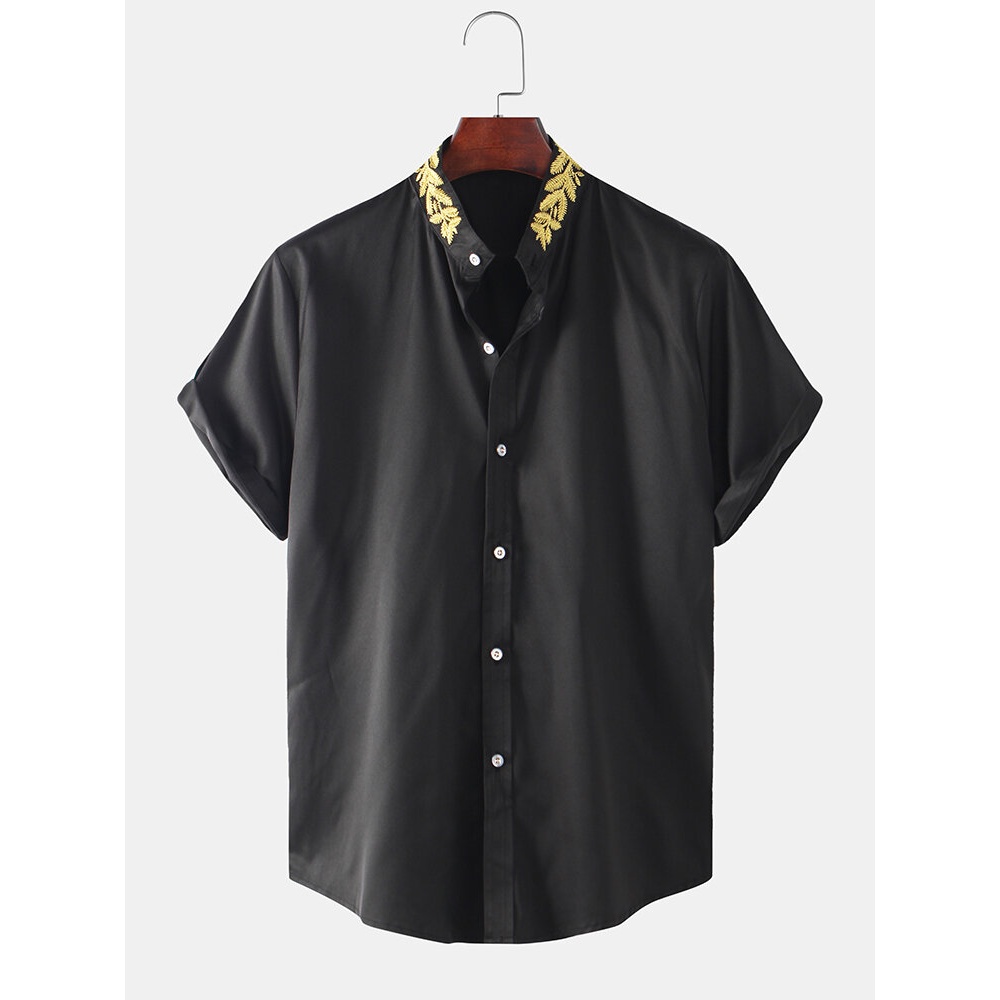 Men Embroidery Solid Color Stand-Up Collar Short Sleeve Casual Shirts - White S