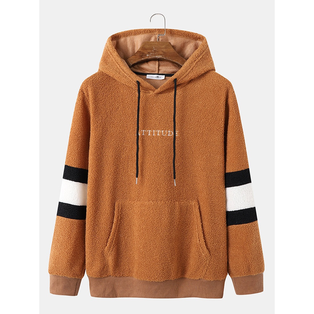 Men Teddy Fleece Strip Sleeve Letter Kangaroo Pocket Drawstring Hooded Sweatshirt - Brown S