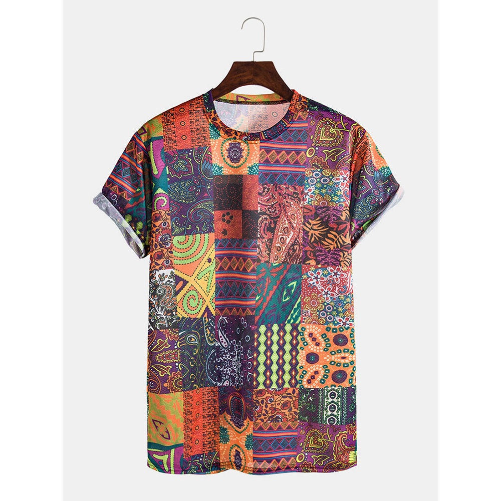 Mens Vintage Print Ethnic Style Short Sleeve Casual T-Shirts - Coffee XL