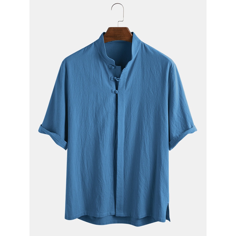 Mens 100% Cotton Oriental Ethnic Solid Color Stand Collar 3/4 Sleeve Shirts - White M