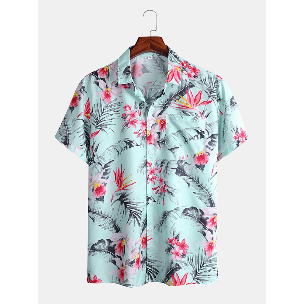 Mens Holiday Multi Tropical Plant Floral Print Hawaii Short Sleeve Shirts - Blue 2XL