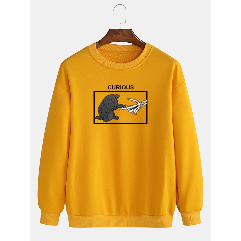 Mens Curious Cat Graphic Print Crew Neck Casual Loose Sweatshirt - Green S