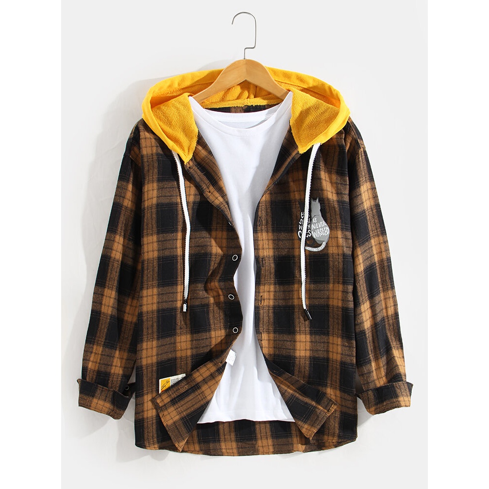 Mens Cartoon Cat & Slogan Print Plaid Long Sleeve Hooded Shirts - Black XL