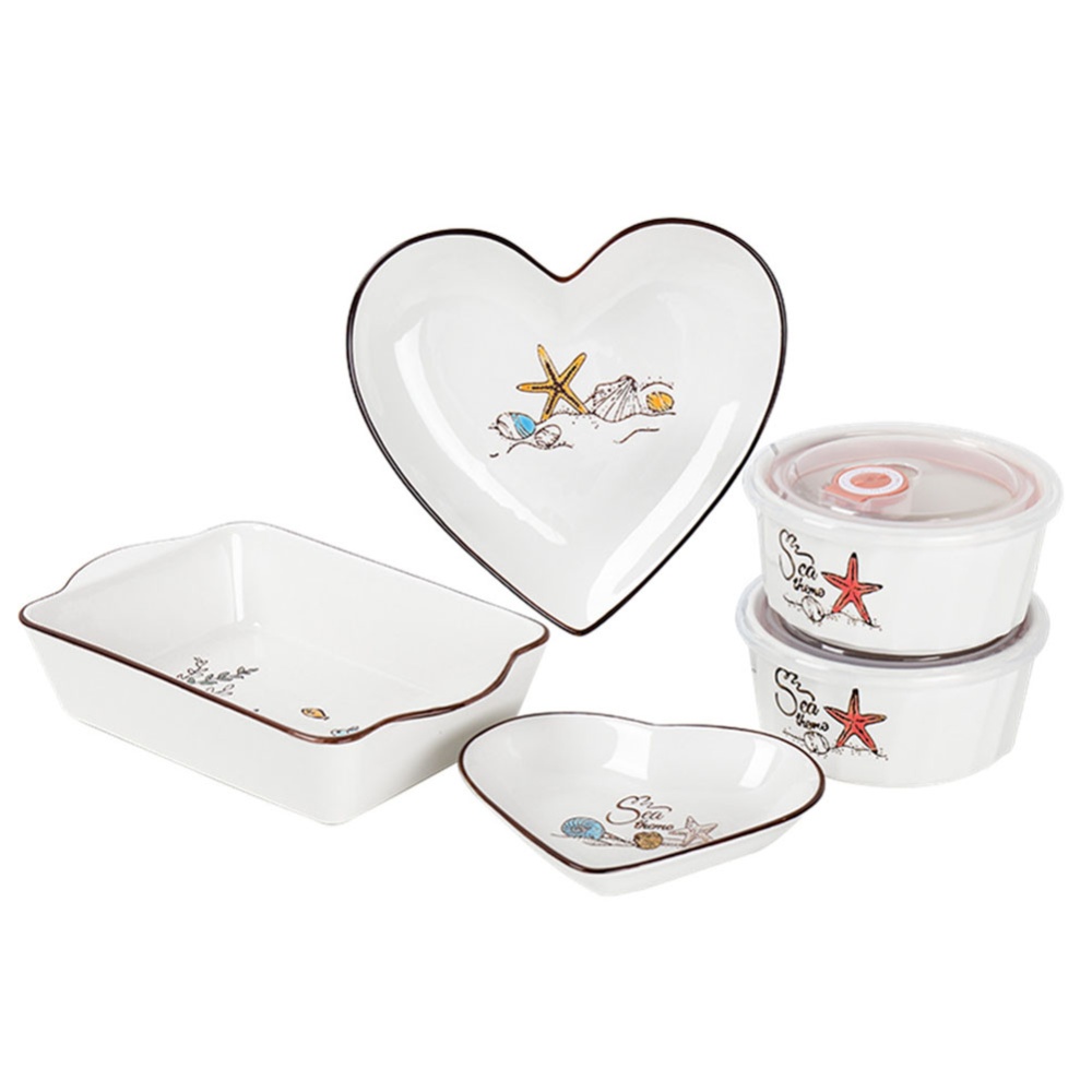 5Pcs/Set Ceramic Tableware Insulated Bowl Baking Plate Heart Sea Starfish Dinnerware Ovenware white - Image 2