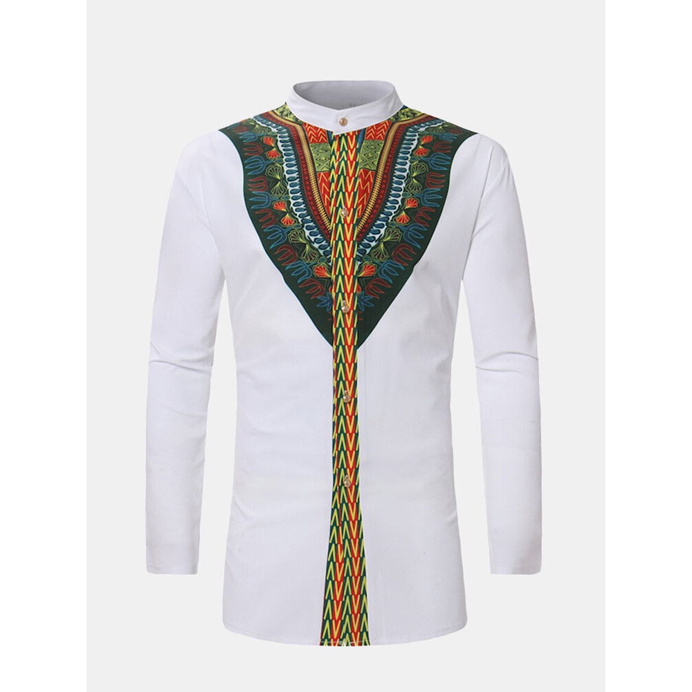 Mens Vintage Ethnic Printing Stand Collar Designer Shirts - XL White