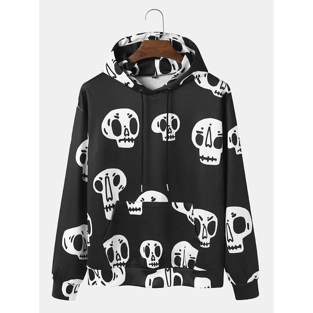 Mens  Sketelon Cartoon Drawstring Casual Hoodies - Black L