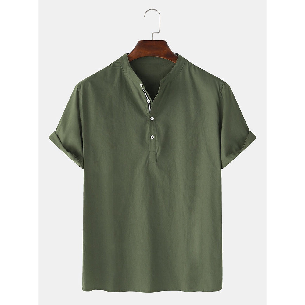 Mens Solid Color Stand Collar Short Sleeve Casual Cotton Henley Shirts - White S