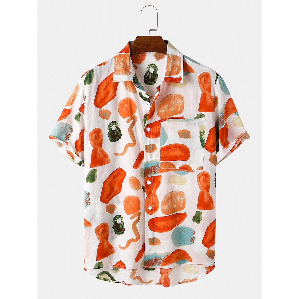 Mens 100% Cotton Color Block Cartoon Print Lapel Short Sleeve Shirt - Red S