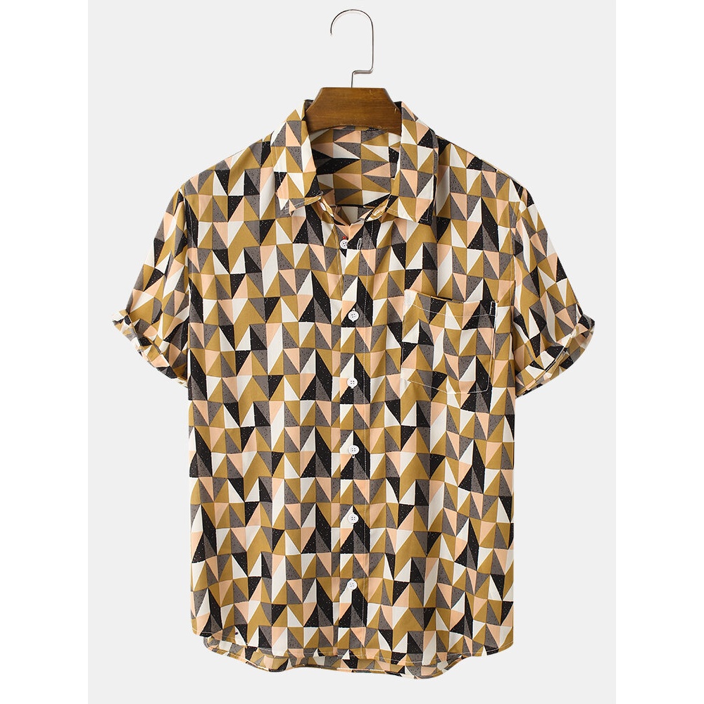 Mens Color Block Contrast Lapel Short Sleeve Shirts - Pink S