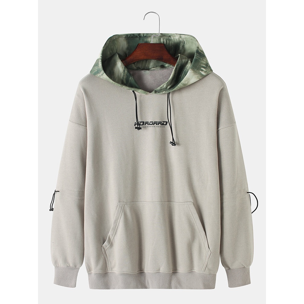 Mens Letter Printed Cotton Drop Sleeve Loose Pouch Pocket Drawstring Hoodies - Coffee M