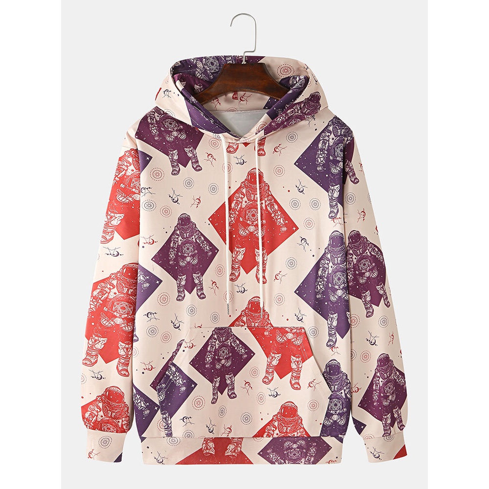 Mens Geometry & Astronaut Print Design Long Sleeve Hoodies - Red L