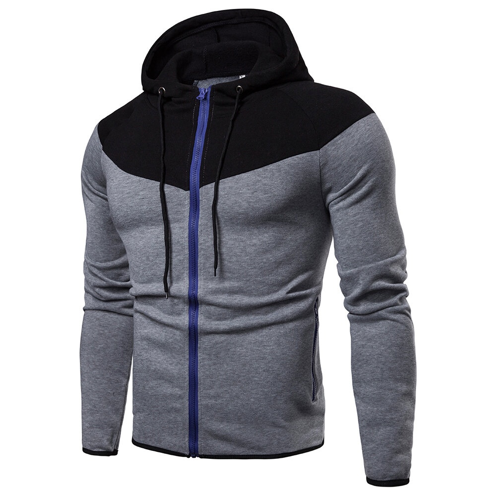 Men's Fashion Zipper Fly Color Block Hooded Sweatshirt - M Dark Grey
