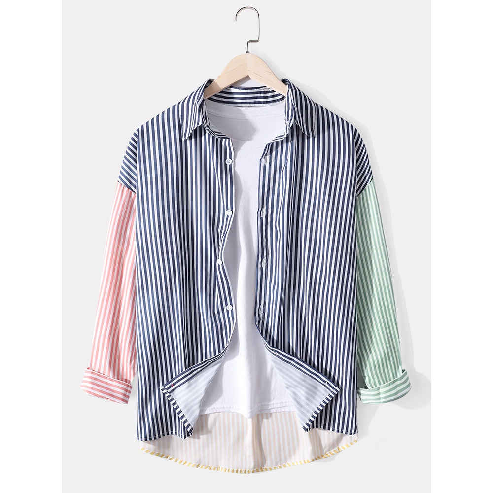 Mens Stripe Patchwork Button Up Lapel Long Sleeve Casual Shirts - Blue XL