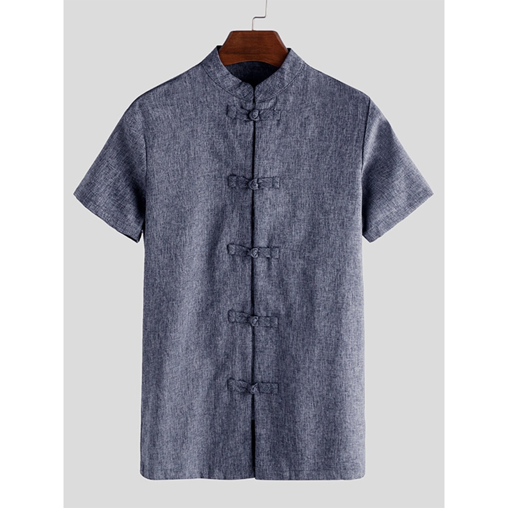 Mens Chinese Style Frog Button Up Short Sleeve T Shirt Loose Casual Shirt Tops - S Red