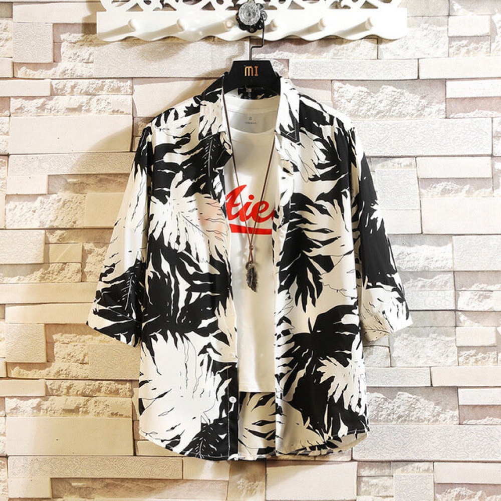 Season Men's Half Sleeve Large Size Loose Seven-point Sleeve Flower Shirt Large Size Men's Shirt - 2XL Black background