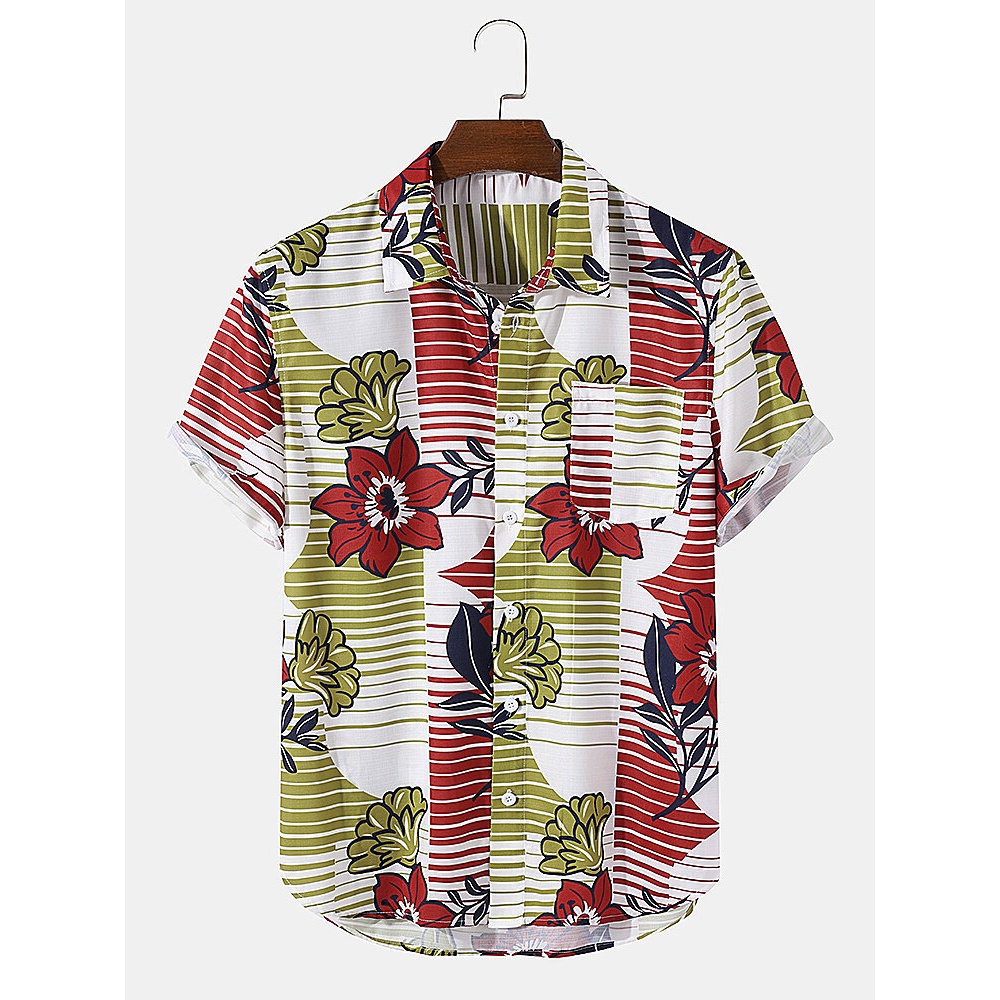 Mens Stripe Floral Print Chest Pocket Holiday Short Sleeve Shirts - Red S