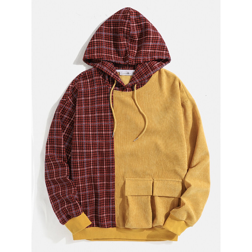 Mens Plaid Corduroy Patchwork Patched Pocket Overhead Drawstring Hoodies - Red S