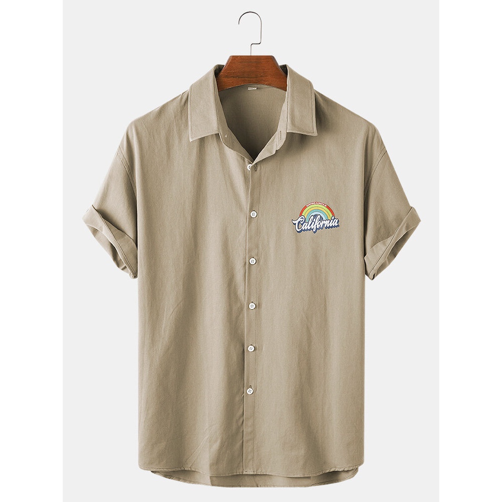 Mens Letter Print Rainbow Pattern Button Up Short Sleeve Simple Shirts - Khaki M