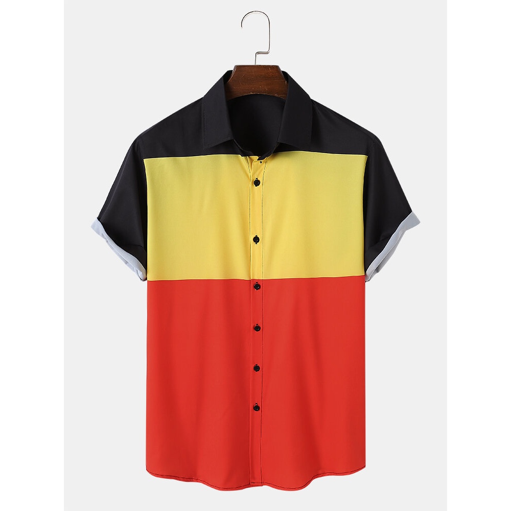 Mens Casual Colorblock Pattern Button Up Shirts - Yellow M